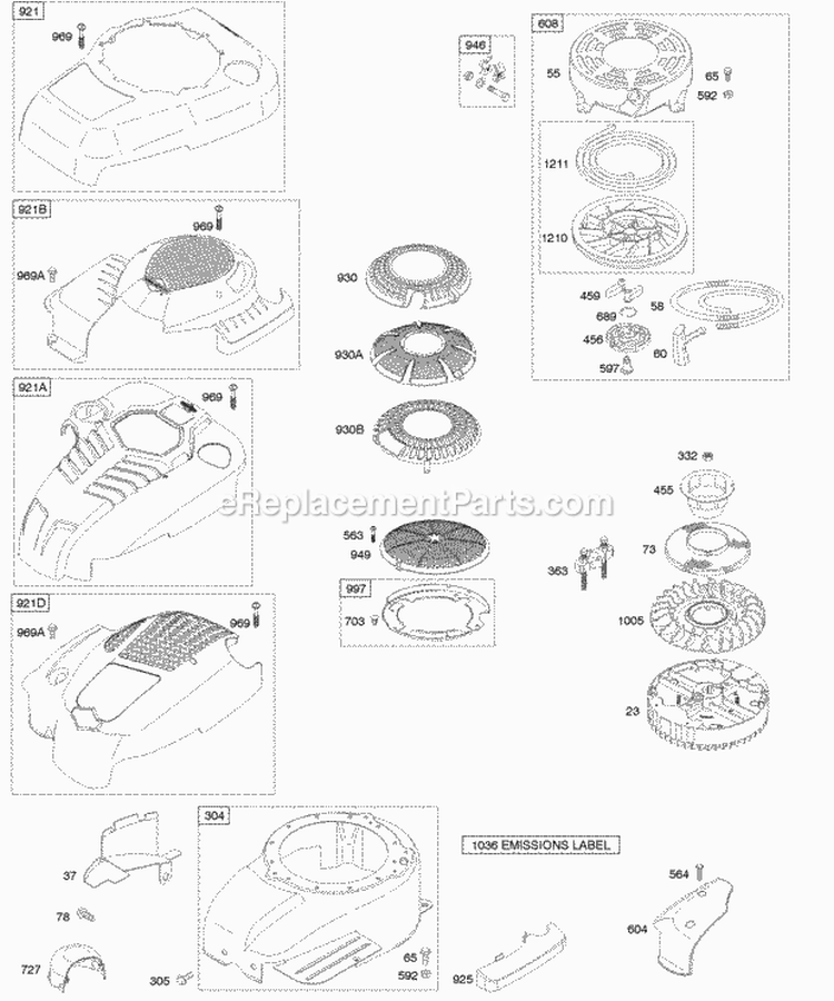 Blower HousingShrouds Flywheel Rewind Starter Diagram and Parts List for 12Q502-0015-E1  Briggs and Stratton Engine